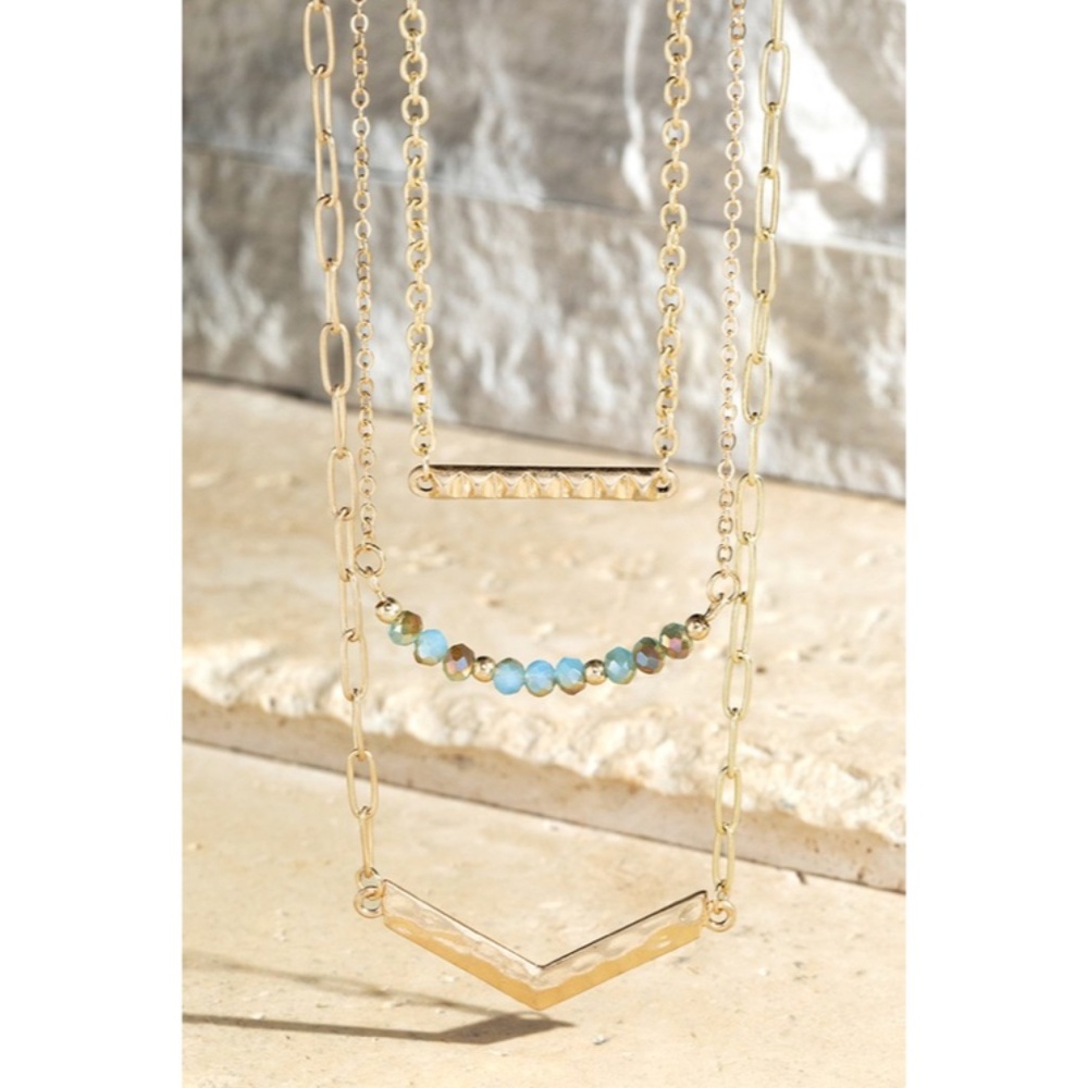 SOLD OUT Mint Luminous Glass Beads Bar & Chevron Gold Pendant Trio Necklace Set - Picture 2 of 3